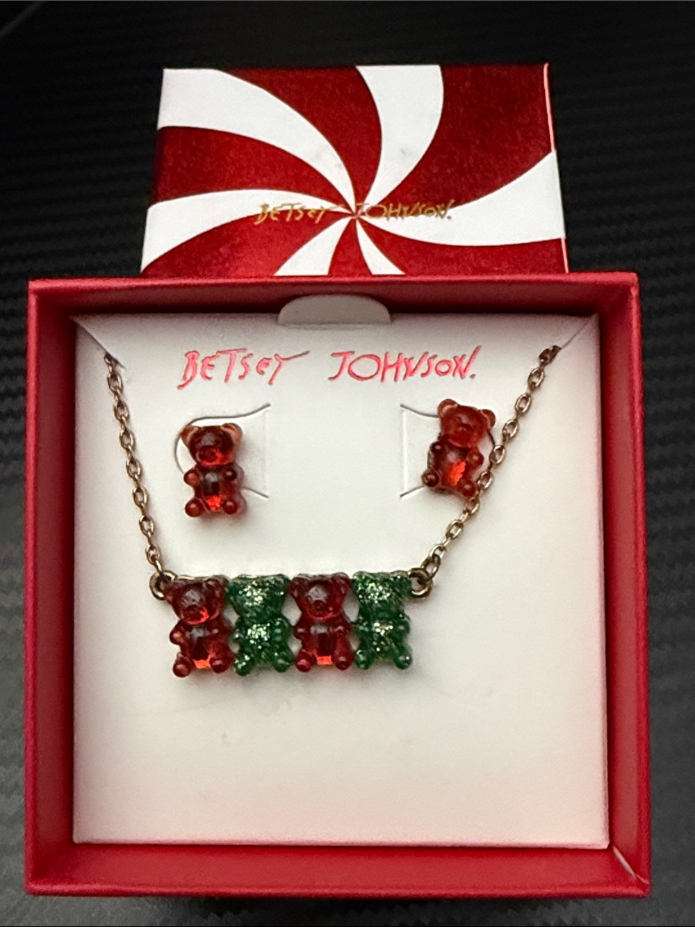 Betsey Johnson Red and Green Gummy Bear Necklace with Matching Earrings